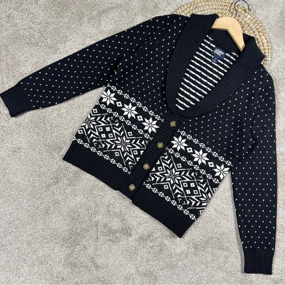 Lands’ End Women’s Wool Blend Cozy Lofty Jacquard Shawl Cardigan Sweater Black S - Picture 4 of 13